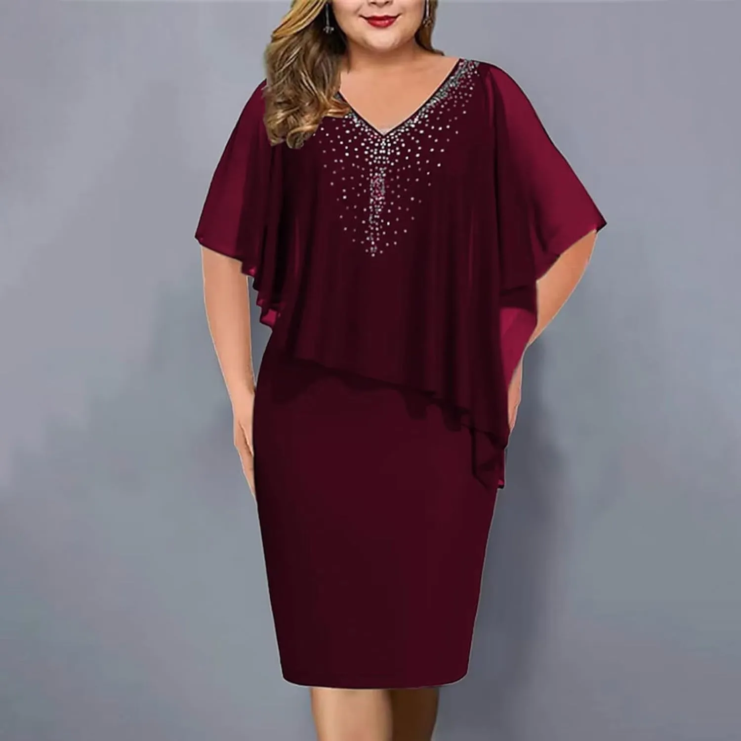 Women's Casual Plus Size Bodycon Dress Sexy V Neck Chiffon Dress Diamond Shawl Dress Cocktail Party Evening Gown