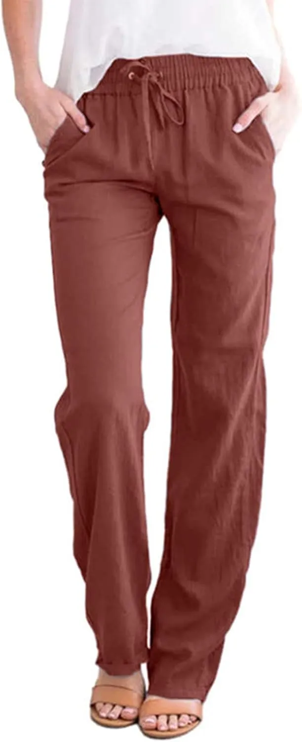 Womens Casual Soft Linen High Waist Pants Drawstring Loose Fit Spring Summer Pants Trousers with Side Pockets