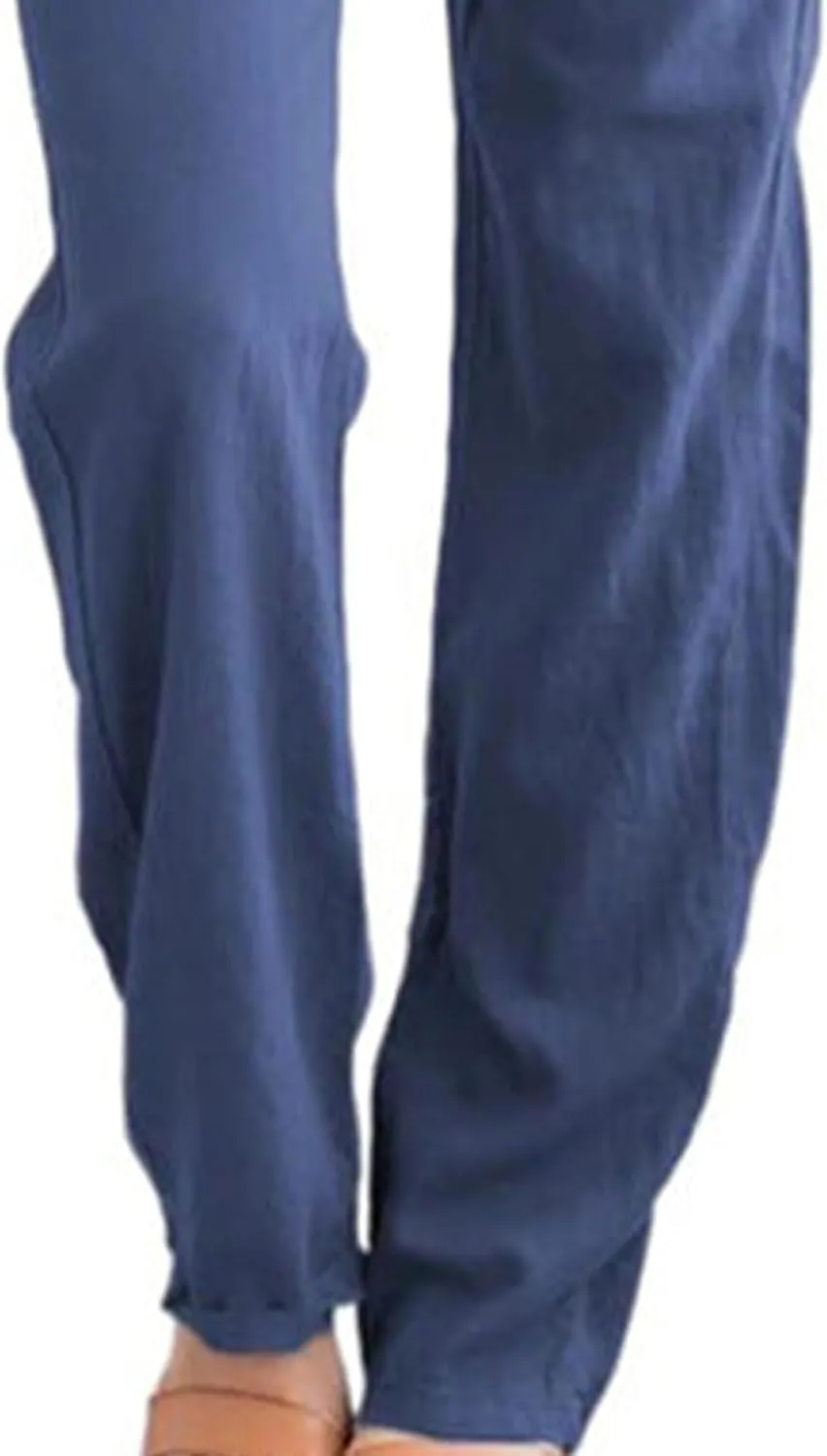 Womens Casual Soft Linen High Waist Pants Drawstring Loose Fit Spring Summer Pants Trousers with Side Pockets