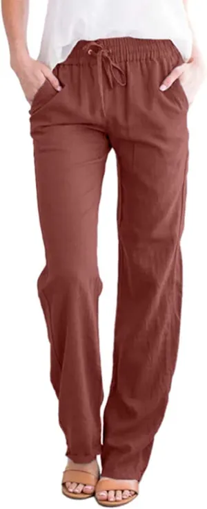 Womens Casual Soft Linen High Waist Pants Drawstring Loose Fit Spring Summer Pants Trousers with Side Pockets
