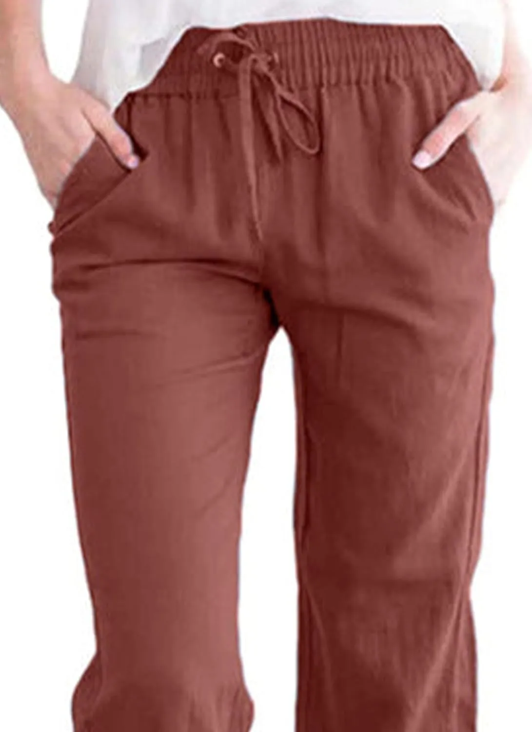 Womens Casual Soft Linen High Waist Pants Drawstring Loose Fit Spring Summer Pants Trousers with Side Pockets