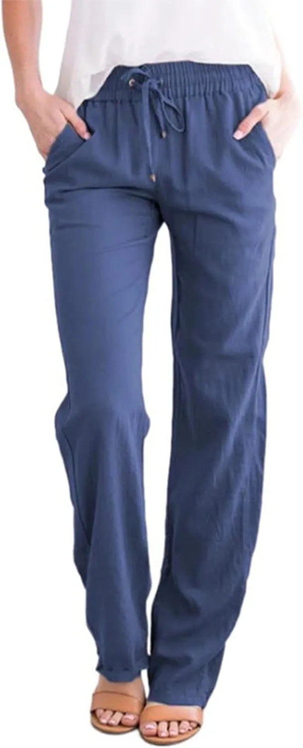 Womens Casual Soft Linen High Waist Pants Drawstring Loose Fit Spring Summer Pants Trousers with Side Pockets