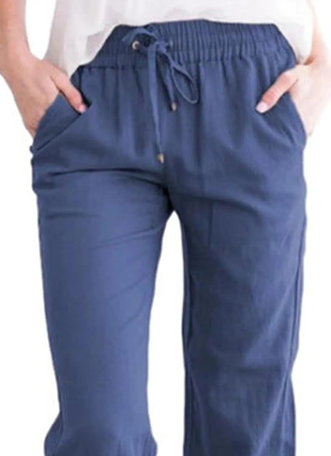 Womens Casual Soft Linen High Waist Pants Drawstring Loose Fit Spring Summer Pants Trousers with Side Pockets