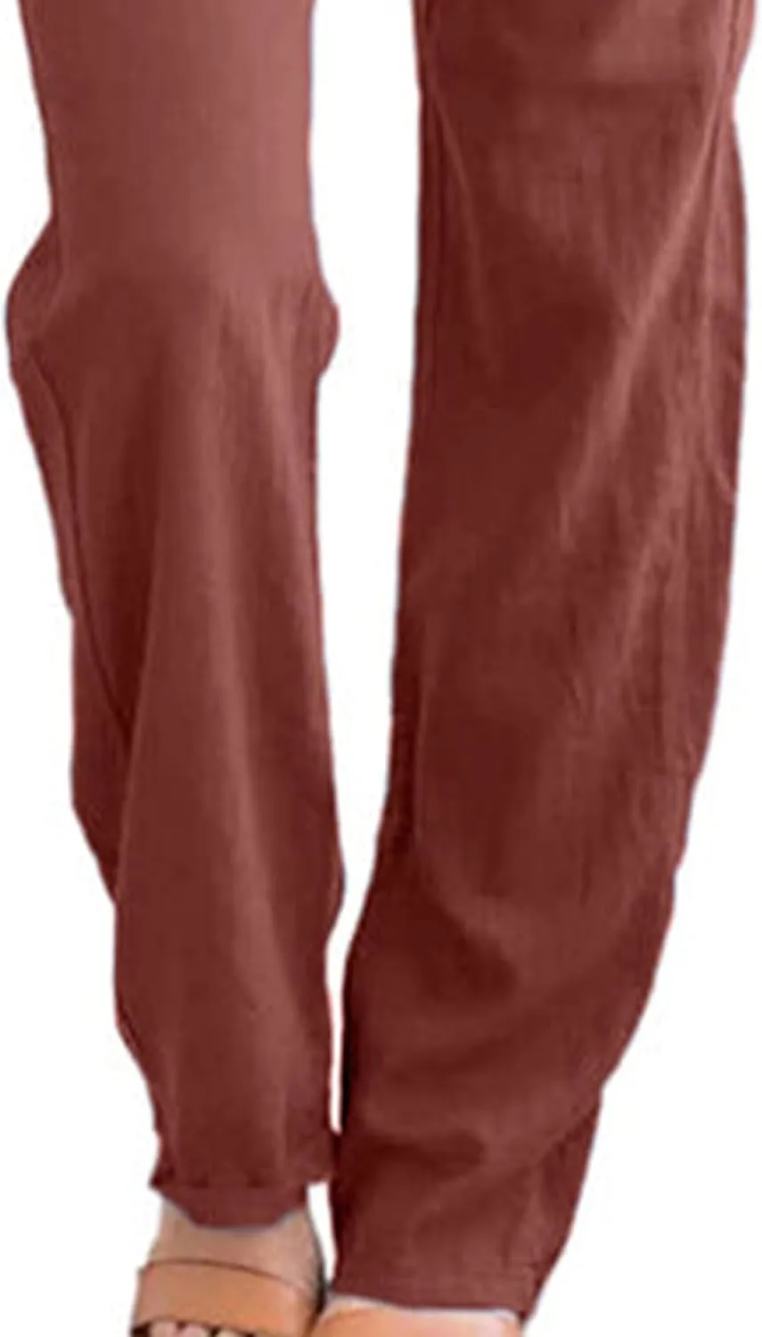 Womens Casual Soft Linen High Waist Pants Drawstring Loose Fit Spring Summer Pants Trousers with Side Pockets