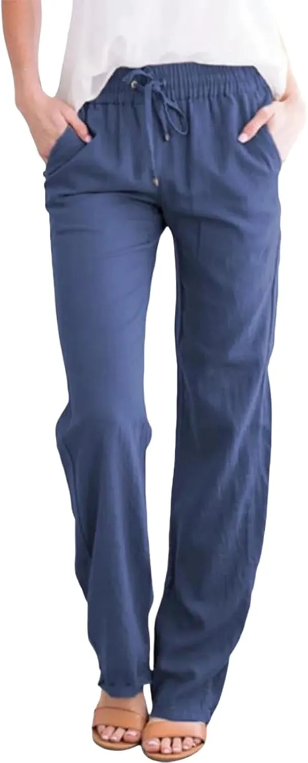 Womens Casual Soft Linen High Waist Pants Drawstring Loose Fit Spring Summer Pants Trousers with Side Pockets