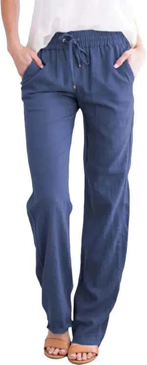 Womens Casual Soft Linen High Waist Pants Drawstring Loose Fit Spring Summer Pants Trousers with Side Pockets