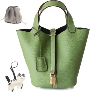 Women's Genuine Leather Bucket Bag with Lock Design - Lightweight Shoulder Bag, Versatile Tote for Travel & Daily Use