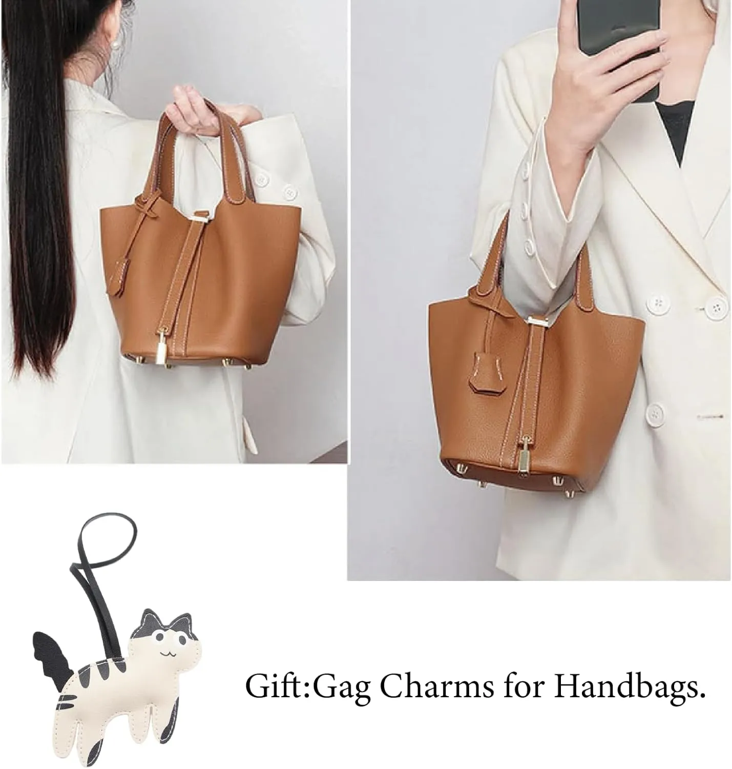 Women's Genuine Leather Bucket Bag with Lock Design - Lightweight Shoulder Bag, Versatile Tote for Travel & Daily Use