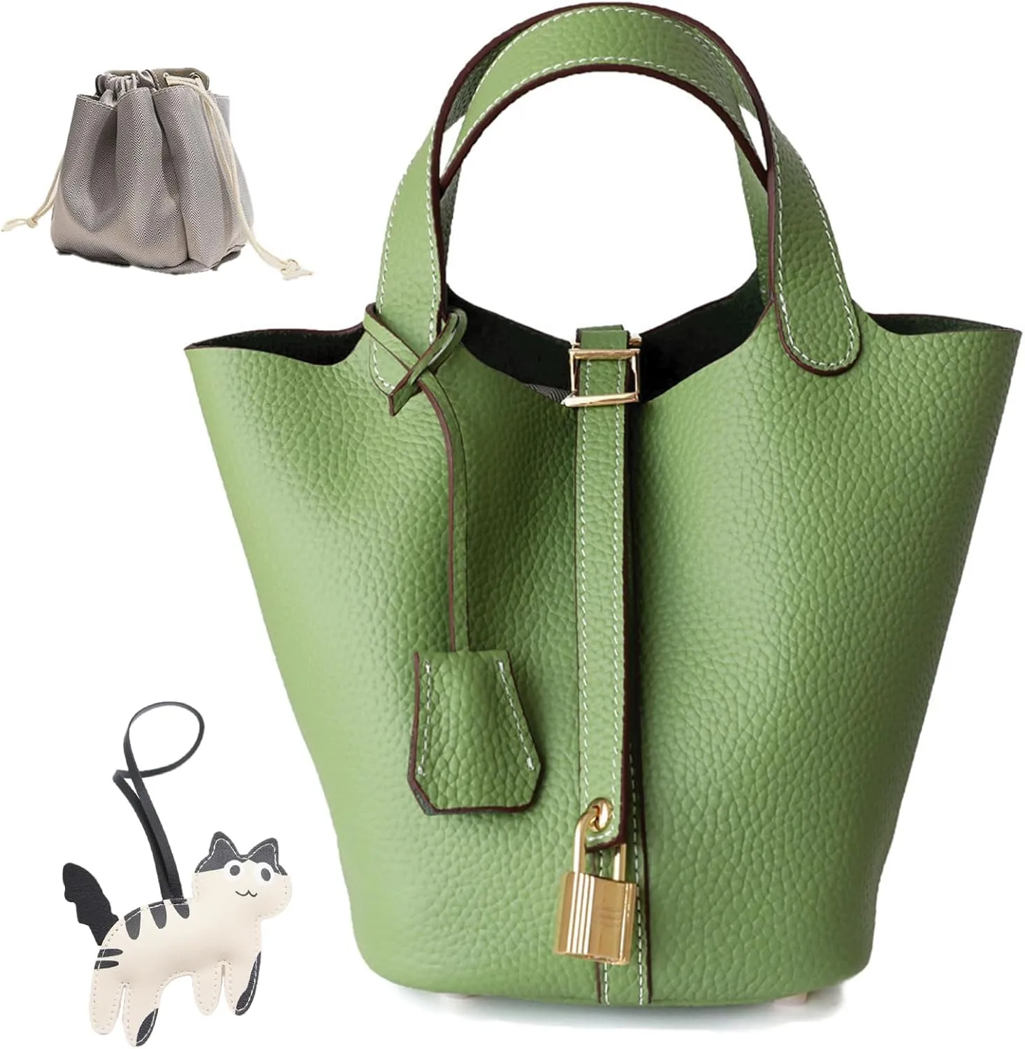 Women's Genuine Leather Bucket Bag with Lock Design - Lightweight Shoulder Bag, Versatile Tote for Travel & Daily Use