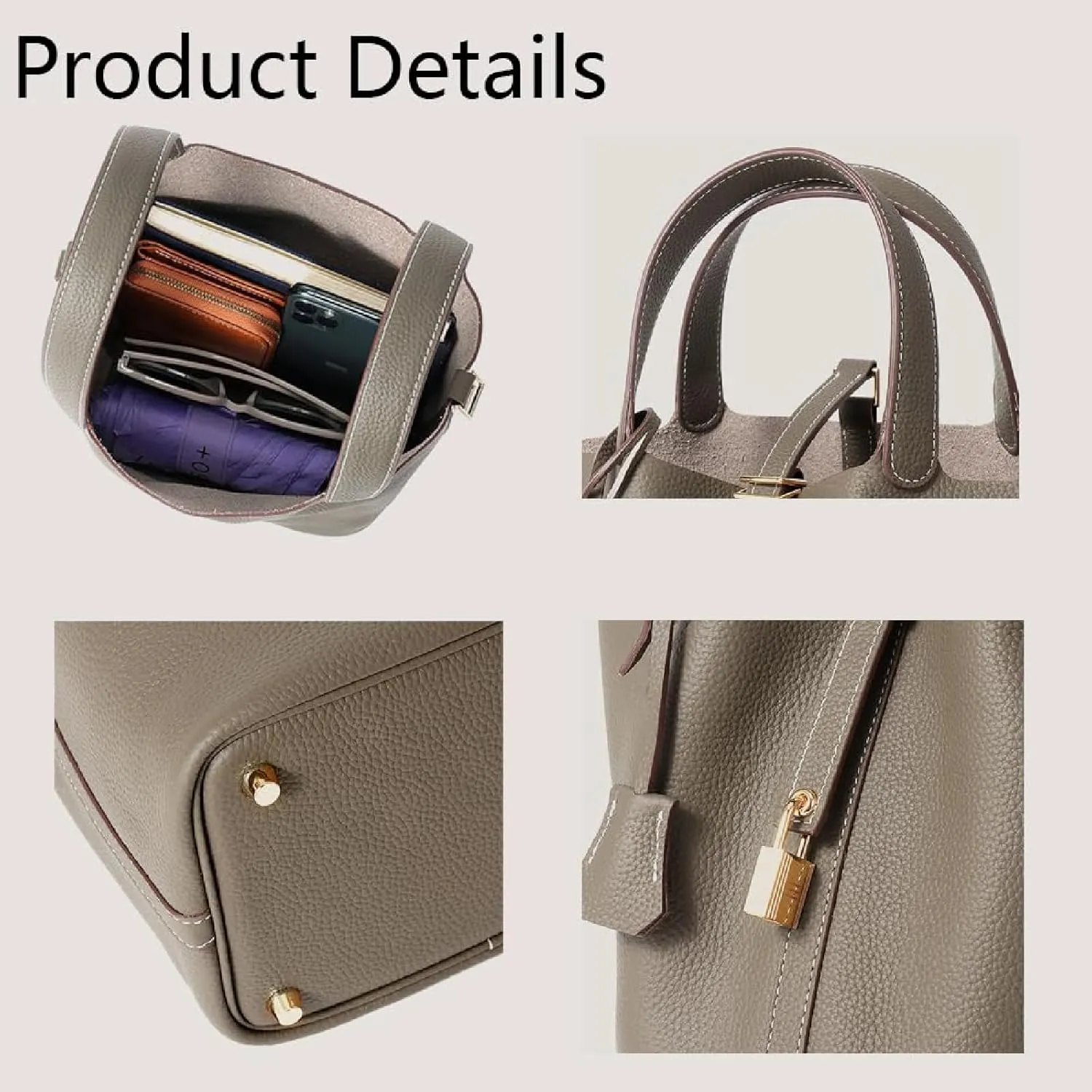 Women's Genuine Leather Bucket Bag with Lock Design - Lightweight Shoulder Bag, Versatile Tote for Travel & Daily Use