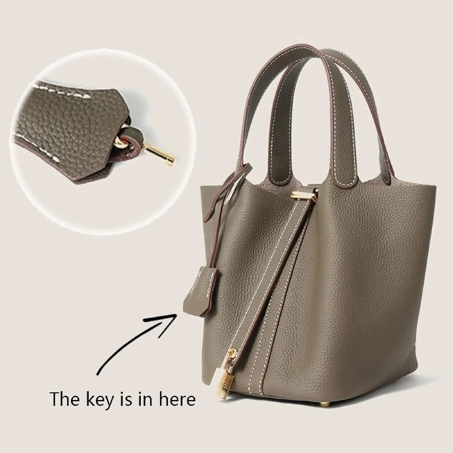 Women's Genuine Leather Bucket Bag with Lock Design - Lightweight Shoulder Bag, Versatile Tote for Travel & Daily Use