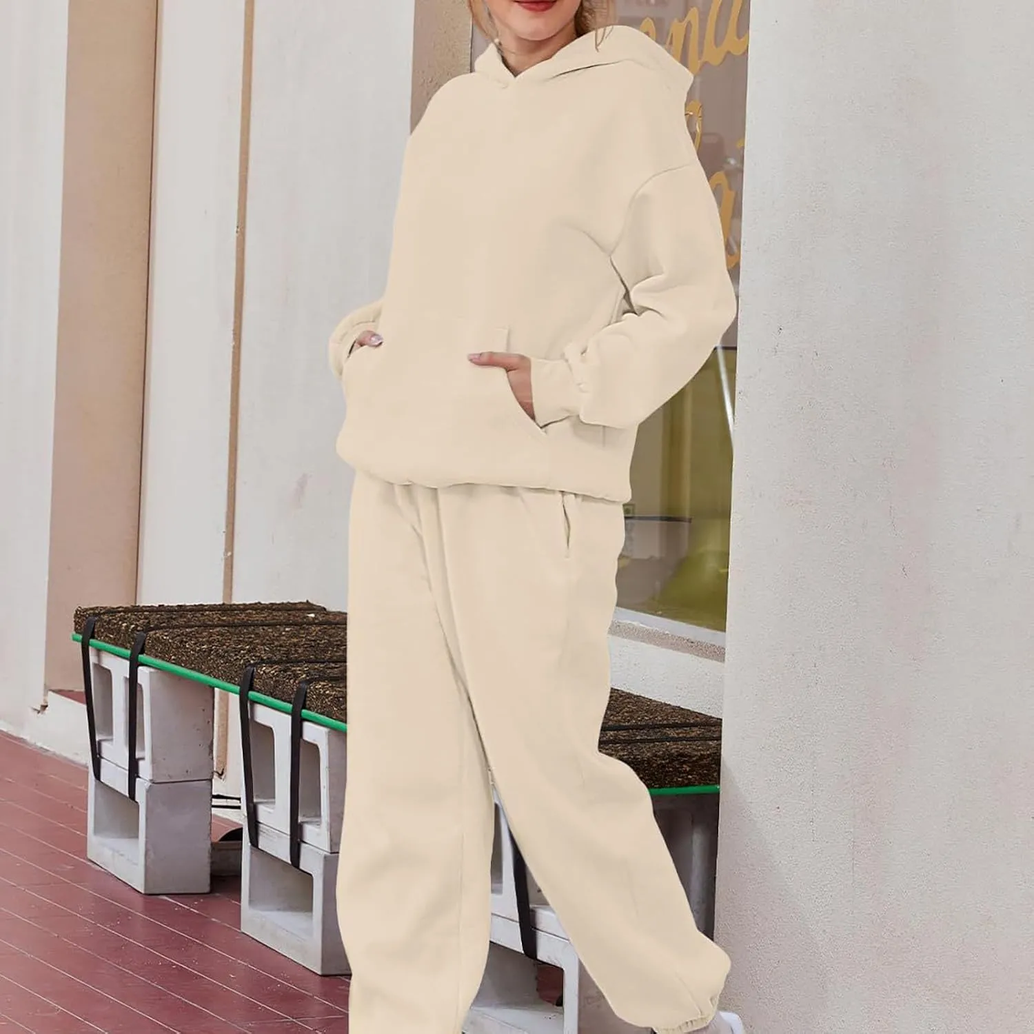 Womens Hoodie 2 Piece Set Trendy Oversized Baggy Lounge Y2K Sweatsuit Sets Casual Solid Color Loose Fit Tracksuit Set