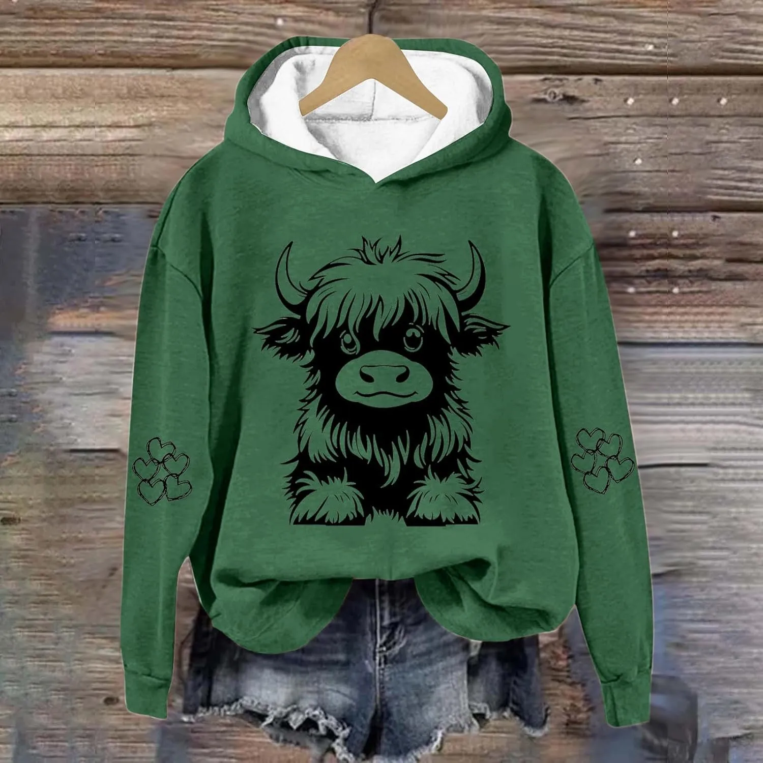 Women's Hoodies Cute Cow Graphic Heart Print Long Sleeve Hooded Pullover Warm Fleece Lined Sweatshirts