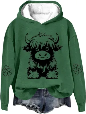 Women's Hoodies Cute Cow Graphic Heart Print Long Sleeve Hooded Pullover Warm Fleece Lined Sweatshirts