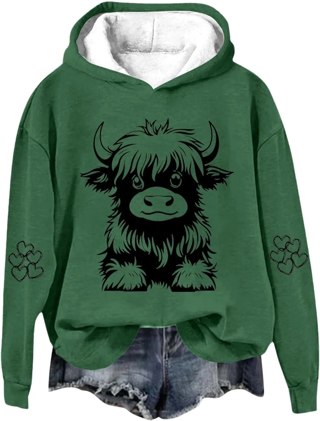 Women's Hoodies Cute Cow Graphic Heart Print Long Sleeve Hooded Pullover Warm Fleece Lined Sweatshirts