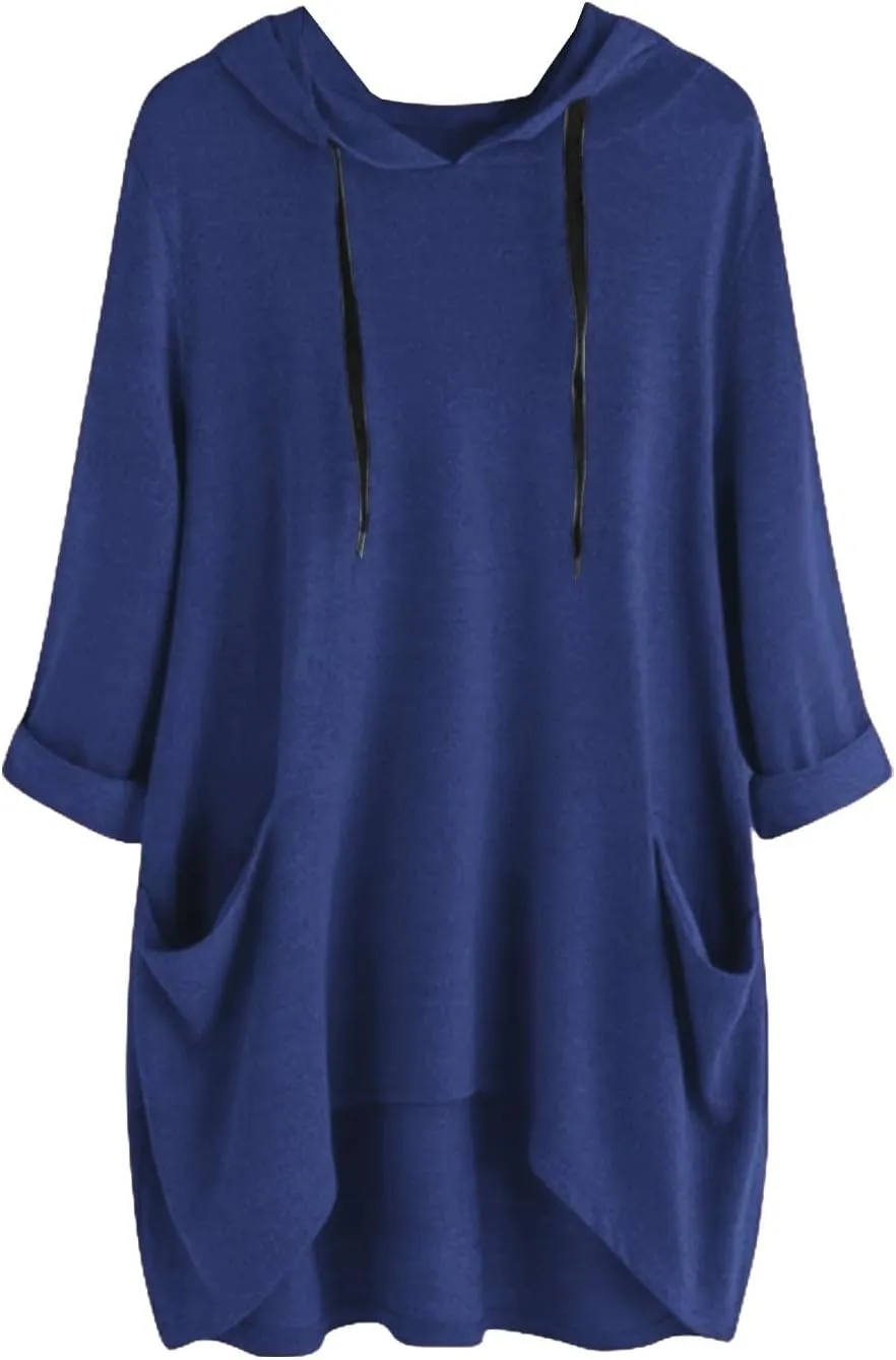 Women's Long Pattern Hooded Sweatshirt Oversized Solid Color Texture Pullover Tops Trendy Lightweight Loose Fit Dress