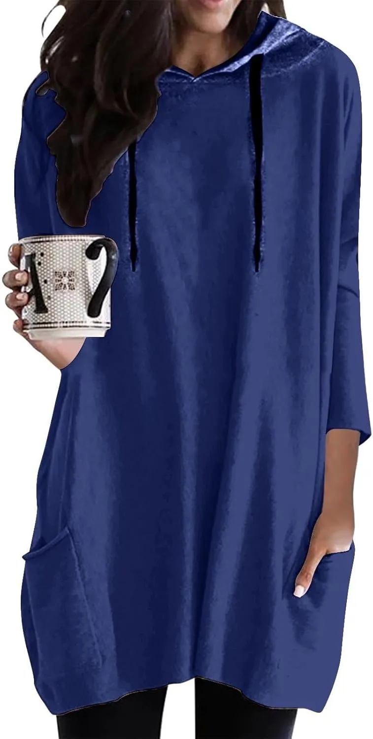 Women's Long Pattern Hooded Sweatshirt Oversized Solid Color Texture Pullover Tops Trendy Lightweight Loose Fit Dress