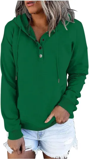 Womens Long Sleeve Fleece Hoodies 1/4 Button Sweatshirts Loose Fit Casual Fashion Pullover Tops with Pocket