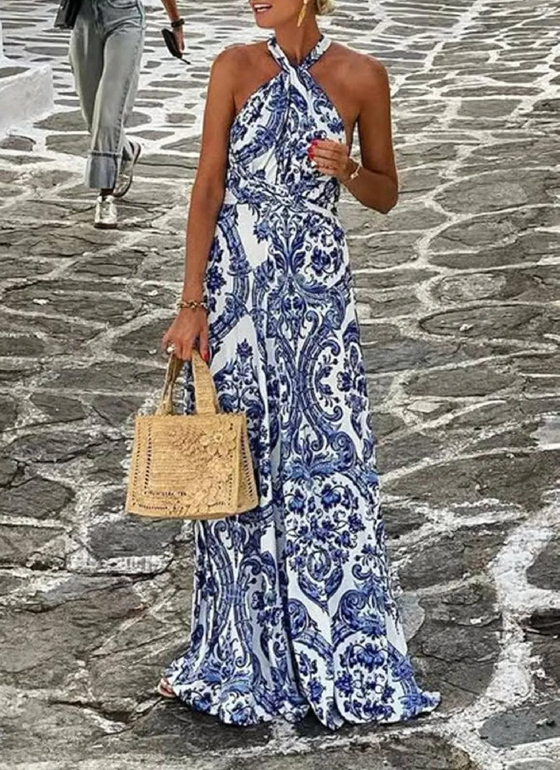 Women's Maxi Dress Blue Print Halter Sleeveless High Waist 2025 Spring Summer Elegant Noble Floor-Length Skirt
