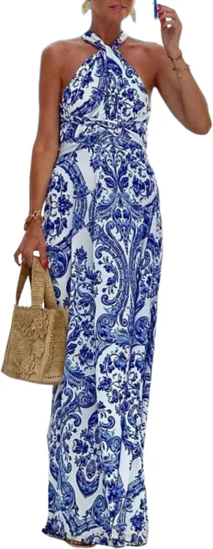 Women's Maxi Dress Blue Print Halter Sleeveless High Waist 2025 Spring Summer Elegant Noble Floor-Length Skirt