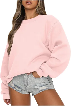 Womens Oversized Crewneck Sweatshirts Comfort Sweatshirt Pullover Tops Solid Color Cute Hoodie Teen Girls Clothes