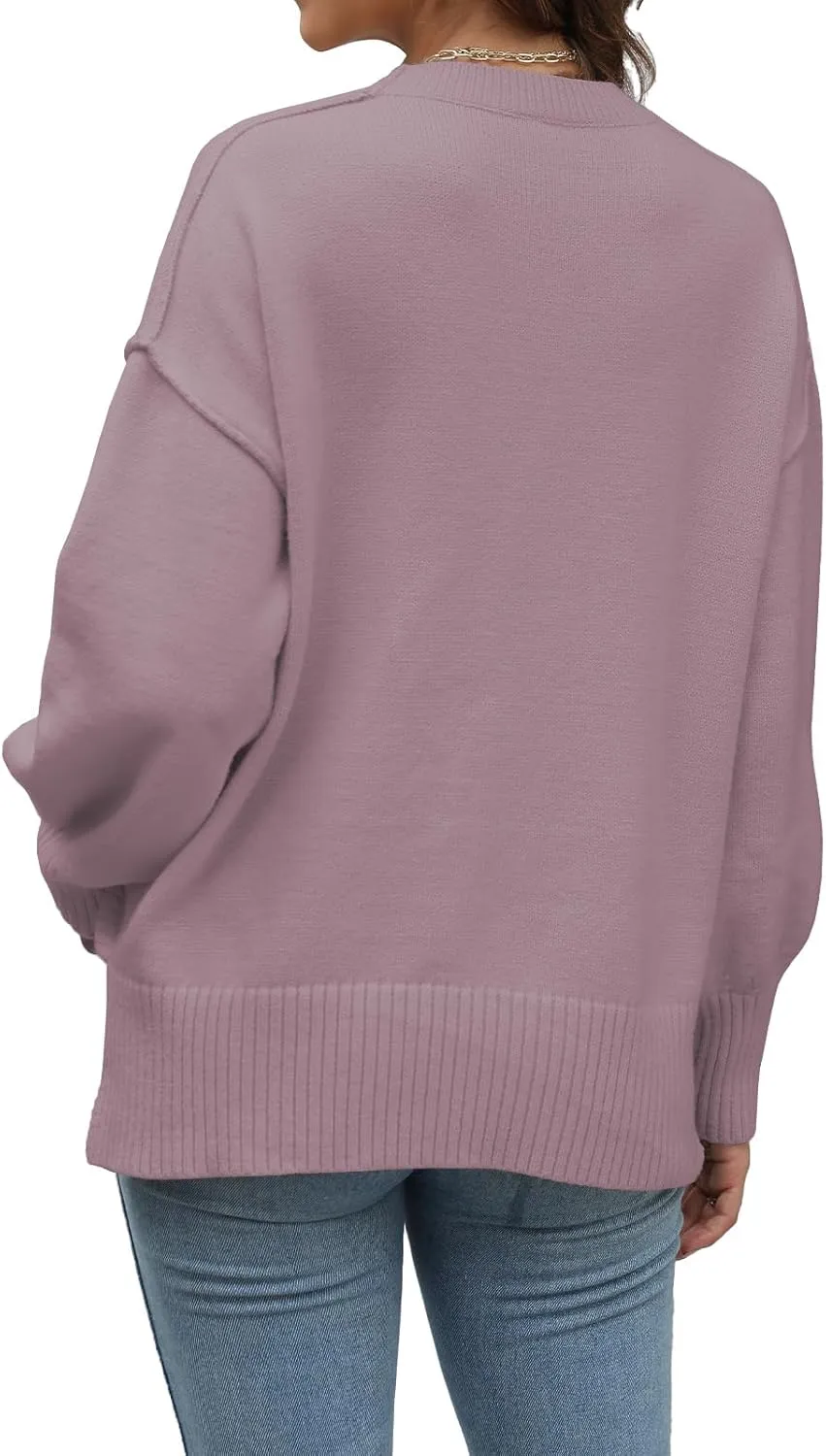 Womens Oversized Sweaters Trendy Ribbed Knit Pullover Tops Side Slit Crewneck Sweatshirts Fall Fashion 2024