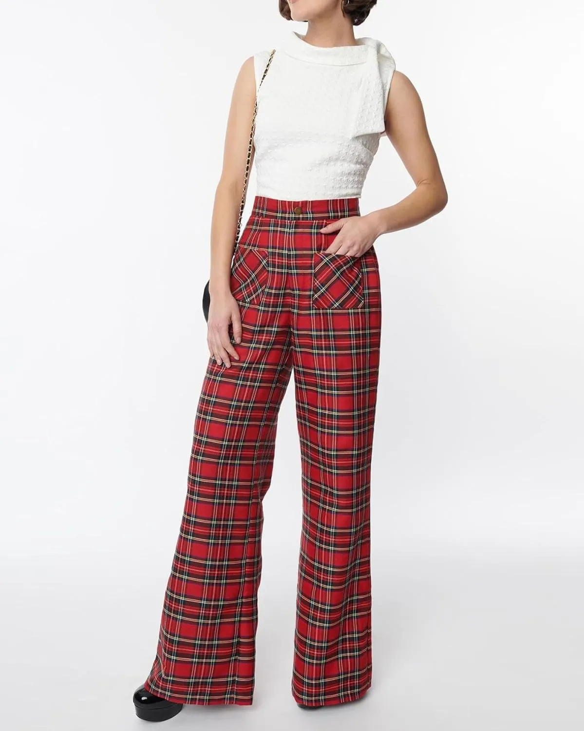Women's Plaid Wide Leg Trousers High Waist Tartan Loose Pants Casual Y2k Long Palazzo Pant