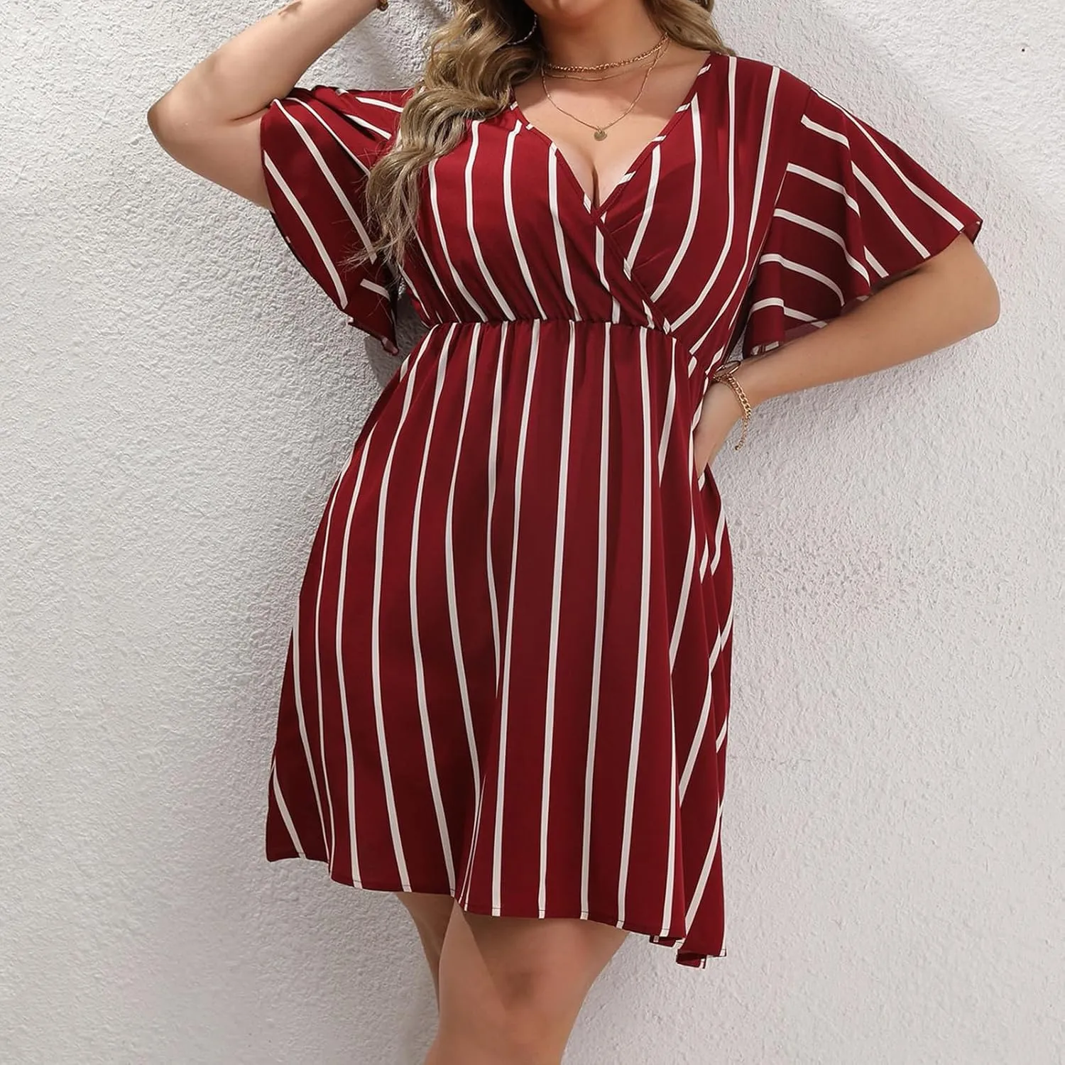 Women's Plus Size Dress Striped Print Wrap V Neck Short Sleeve A Line Dresses Summer Casual Tunic Fashion Dress