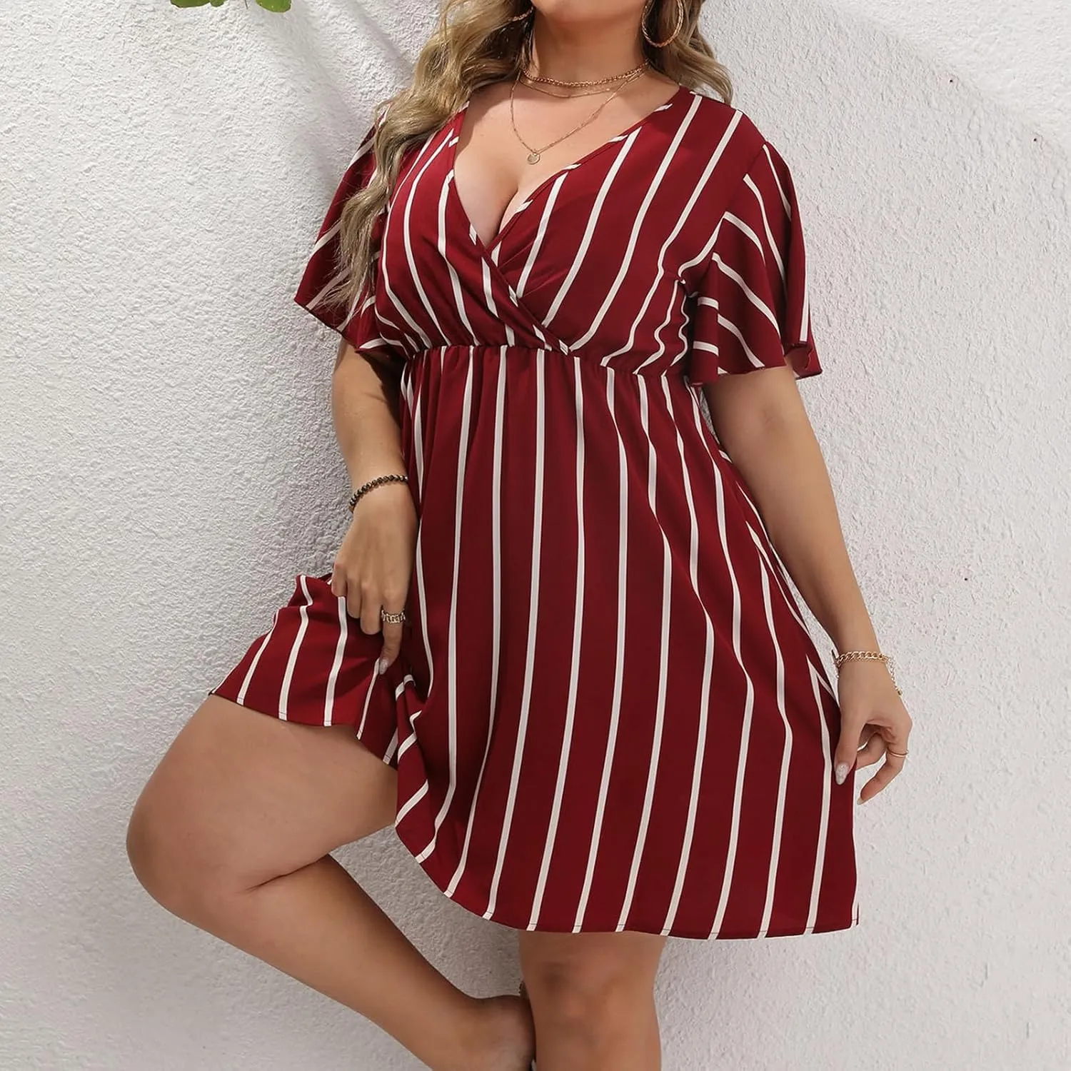 Women's Plus Size Dress Striped Print Wrap V Neck Short Sleeve A Line Dresses Summer Casual Tunic Fashion Dress