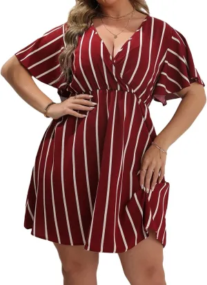 Women's Plus Size Dress Striped Print Wrap V Neck Short Sleeve A Line Dresses Summer Casual Tunic Fashion Dress