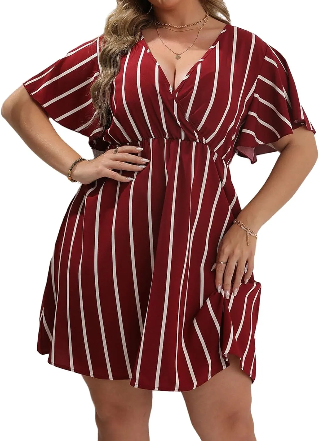Women's Plus Size Dress Striped Print Wrap V Neck Short Sleeve A Line Dresses Summer Casual Tunic Fashion Dress