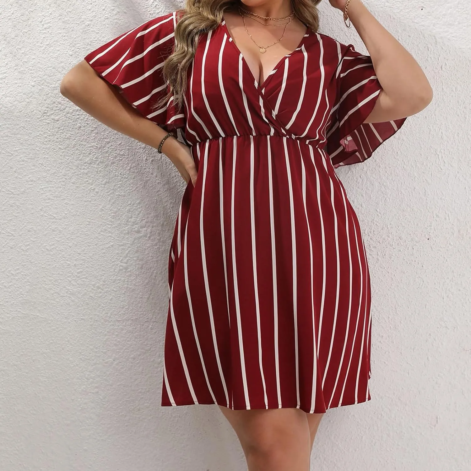 Women's Plus Size Dress Striped Print Wrap V Neck Short Sleeve A Line Dresses Summer Casual Tunic Fashion Dress