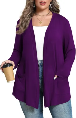 Women's Plus Size Lightweight Long Sleeve Casual Soft Open Front Cardigan Cover ups with Pockets