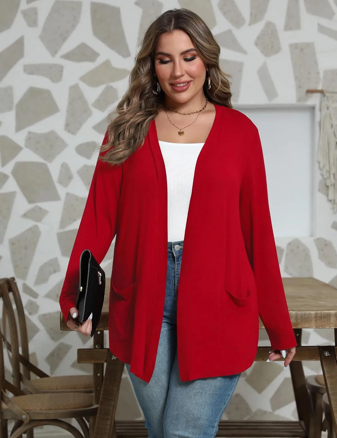 Women's Plus Size Lightweight Long Sleeve Casual Soft Open Front Cardigan Cover ups with Pockets