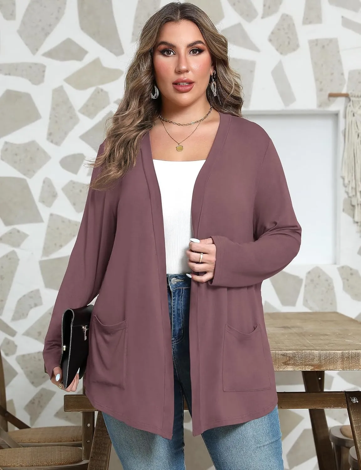 Women's Plus Size Lightweight Long Sleeve Casual Soft Open Front Cardigan Cover ups with Pockets