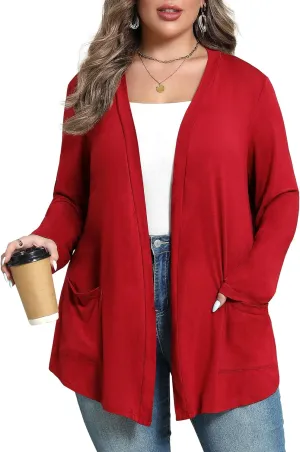 Women's Plus Size Lightweight Long Sleeve Casual Soft Open Front Cardigan Cover ups with Pockets