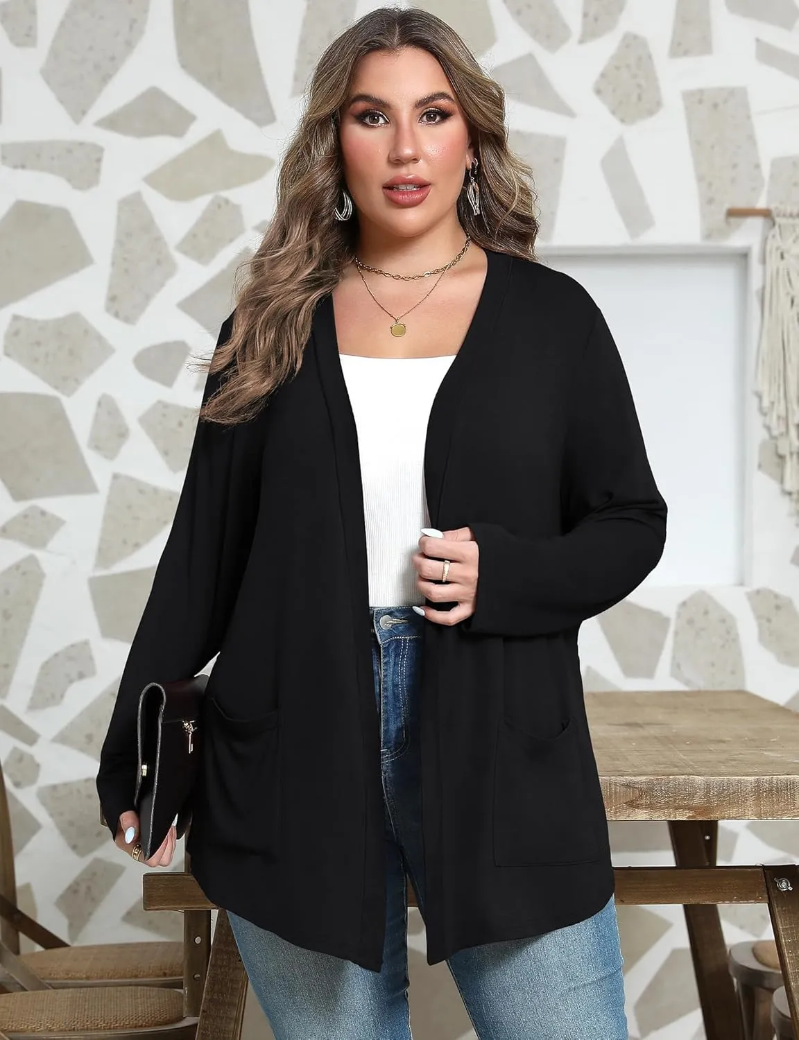 Women's Plus Size Lightweight Long Sleeve Casual Soft Open Front Cardigan Cover ups with Pockets