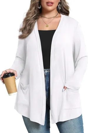 Women's Plus Size Lightweight Long Sleeve Casual Soft Open Front Cardigan Cover ups with Pockets