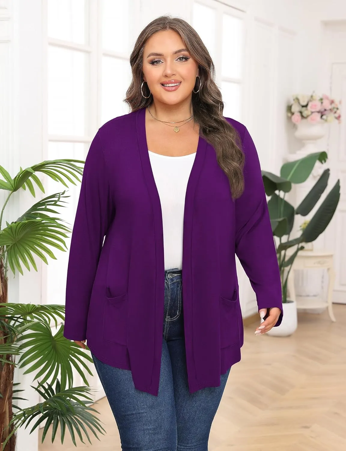 Women's Plus Size Lightweight Long Sleeve Casual Soft Open Front Cardigan Cover ups with Pockets