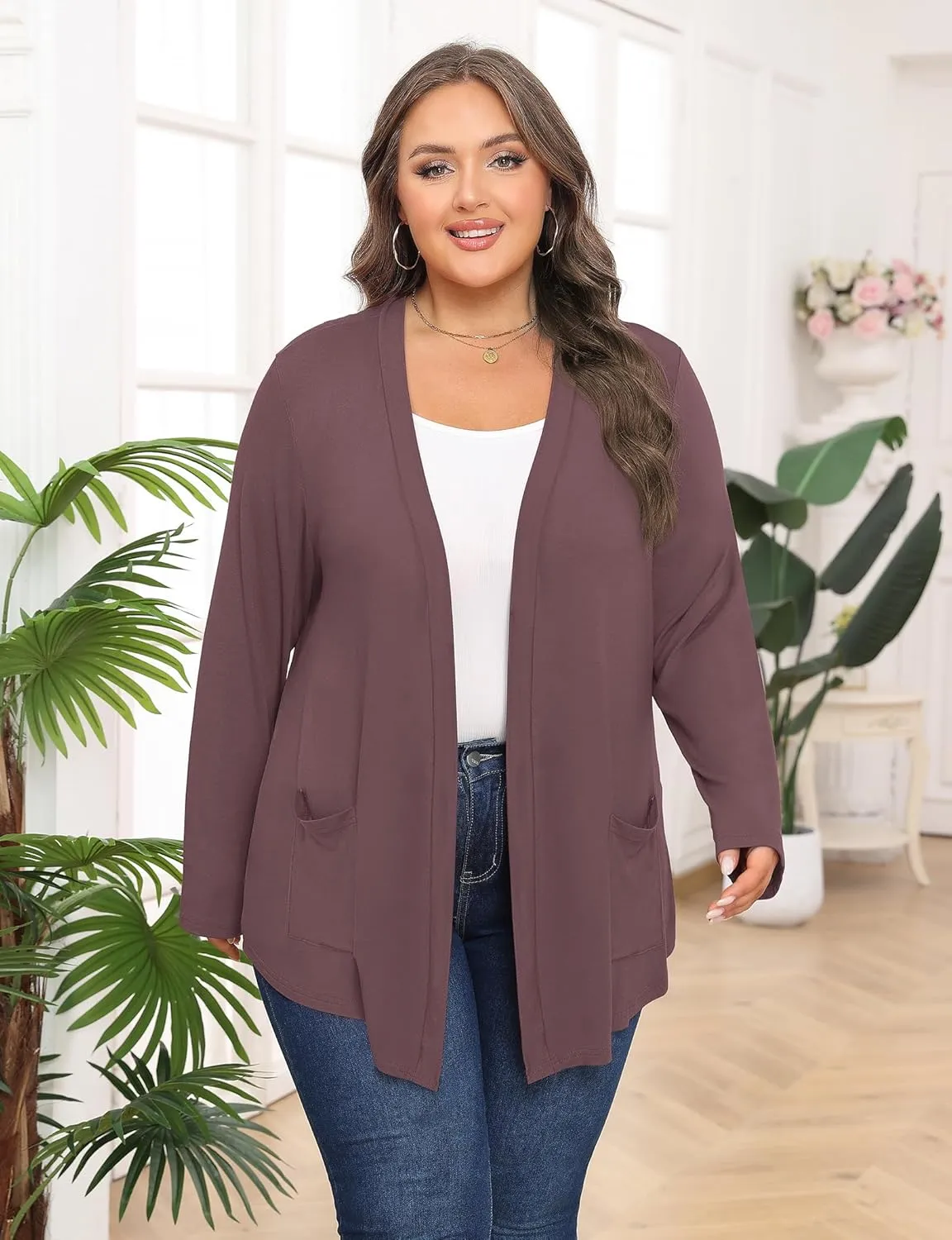 Women's Plus Size Lightweight Long Sleeve Casual Soft Open Front Cardigan Cover ups with Pockets