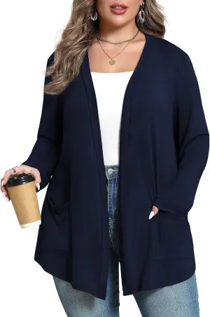 Women's Plus Size Lightweight Long Sleeve Casual Soft Open Front Cardigan Cover ups with Pockets