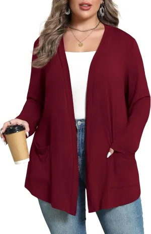 Women's Plus Size Lightweight Long Sleeve Casual Soft Open Front Cardigan Cover ups with Pockets