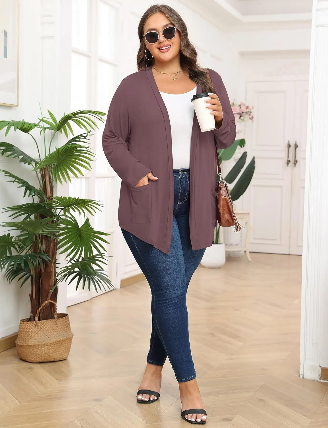 Women's Plus Size Lightweight Long Sleeve Casual Soft Open Front Cardigan Cover ups with Pockets