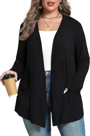 Women's Plus Size Lightweight Long Sleeve Casual Soft Open Front Cardigan Cover ups with Pockets