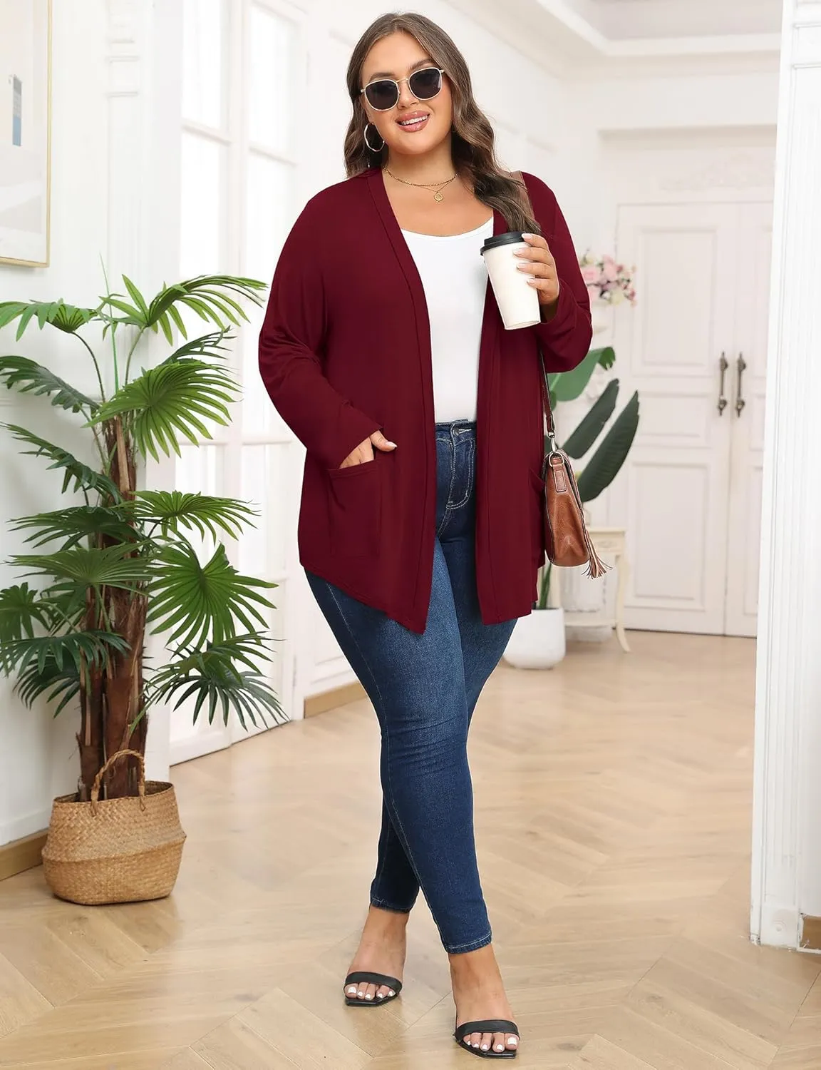 Women's Plus Size Lightweight Long Sleeve Casual Soft Open Front Cardigan Cover ups with Pockets