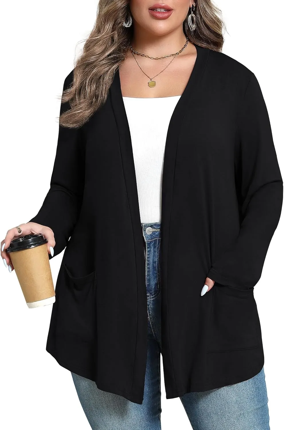 Women's Plus Size Lightweight Long Sleeve Casual Soft Open Front Cardigan Cover ups with Pockets
