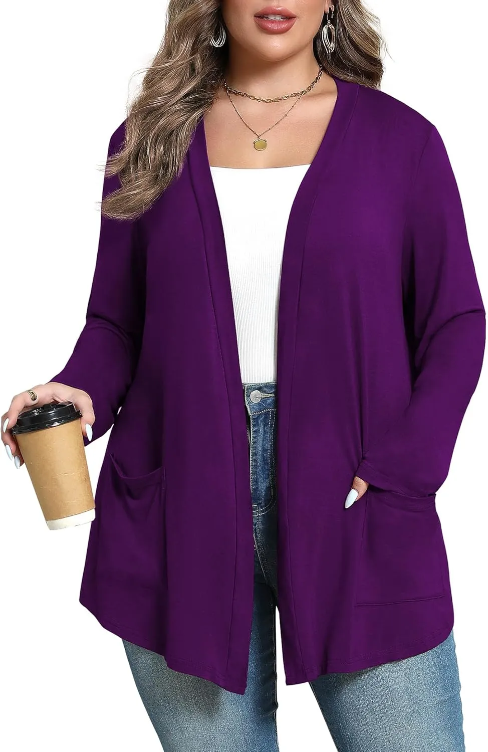 Women's Plus Size Lightweight Long Sleeve Casual Soft Open Front Cardigan Cover ups with Pockets