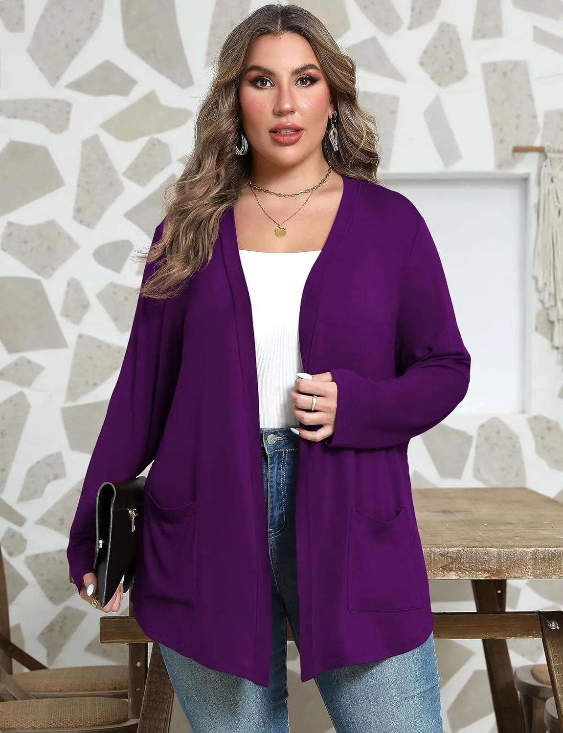 Women's Plus Size Lightweight Long Sleeve Casual Soft Open Front Cardigan Cover ups with Pockets