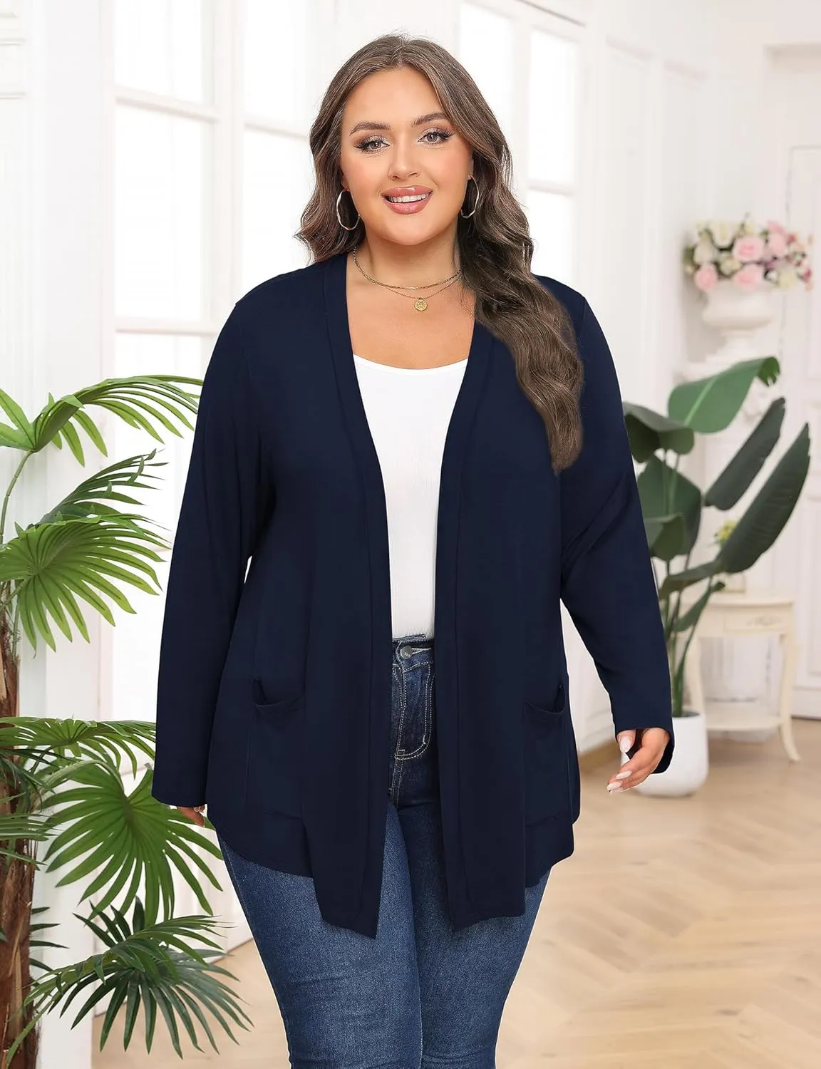 Women's Plus Size Lightweight Long Sleeve Casual Soft Open Front Cardigan Cover ups with Pockets