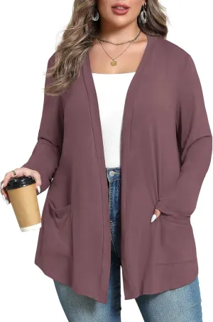 Women's Plus Size Lightweight Long Sleeve Casual Soft Open Front Cardigan Cover ups with Pockets